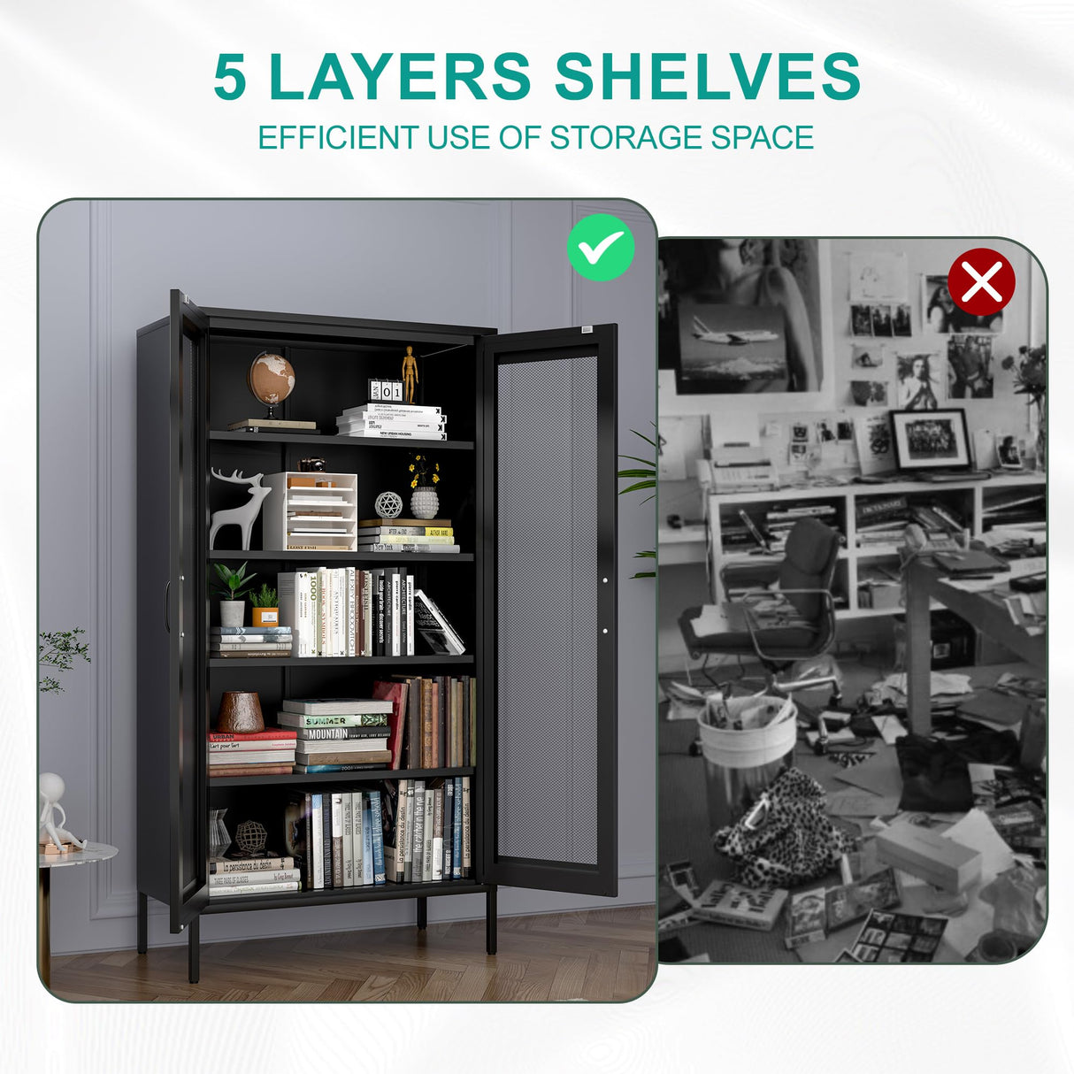 YAUWOH Metal Display Cabinet with Mesh Door,Metal Storage Cabinet with 4 Adjustable Shelves,73" H Kitchen Pantry Storage Cabinet for Collectibles,Home Office,Living Room,Gaming Room(Black) YAUWOH