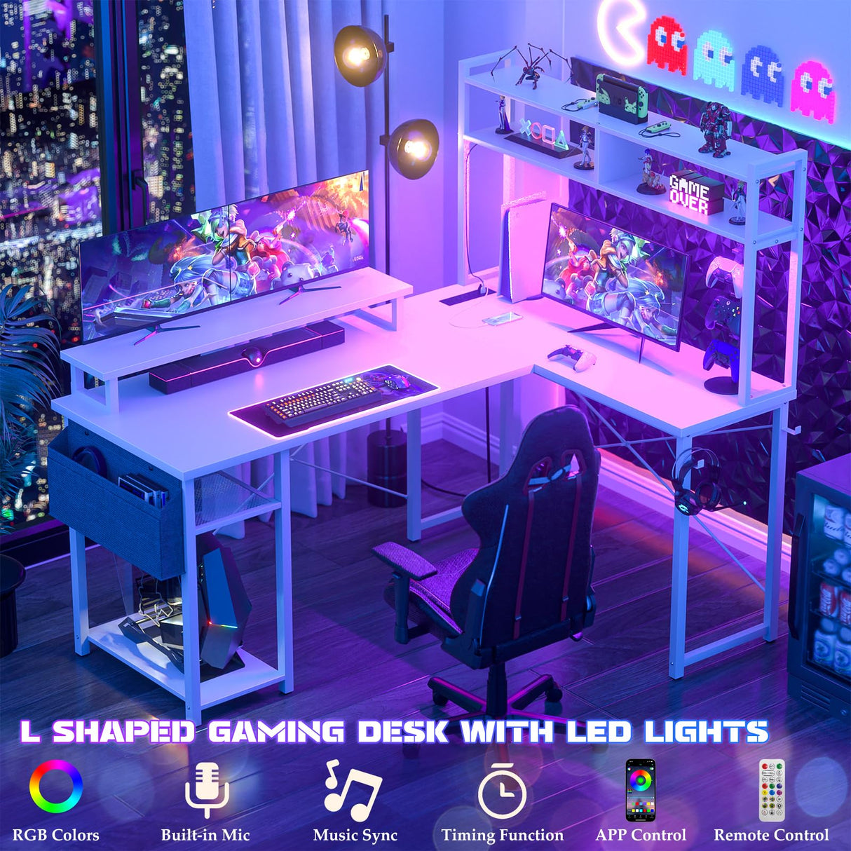 Aheaplus Small L Shaped Desk with Charging Port & LED Strip, Reversible L-Shaped Gaming Desk Computer Desk with Monitor Stand & Storage Shelf, Corner Desks Home Office Desk with Storage Bag, White Aheaplus