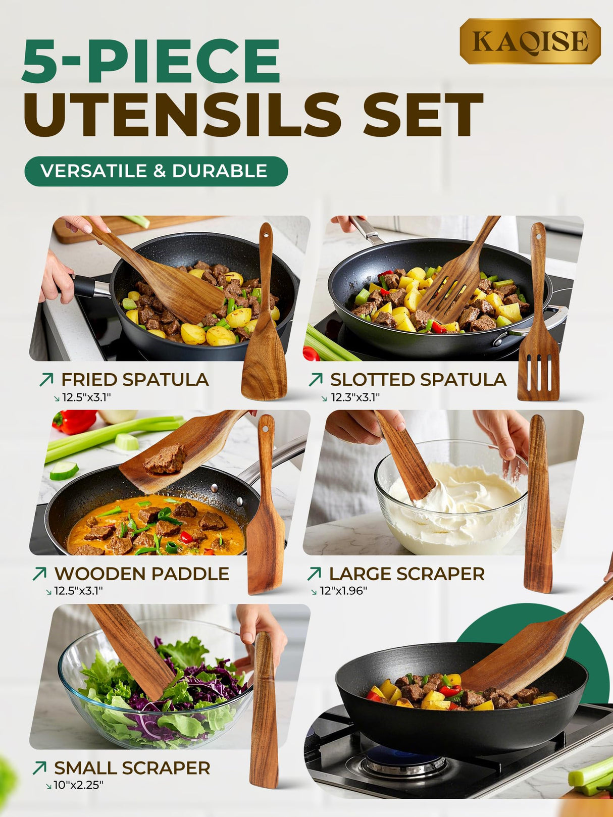 Handmade Wooden Spatulas for Cooking, Heat Resistant Teak Wood Spatula and Turner of Different Size, Nonstick Wooden Utensil Set for Kitchen Cooking (5Pcs) KAQISE