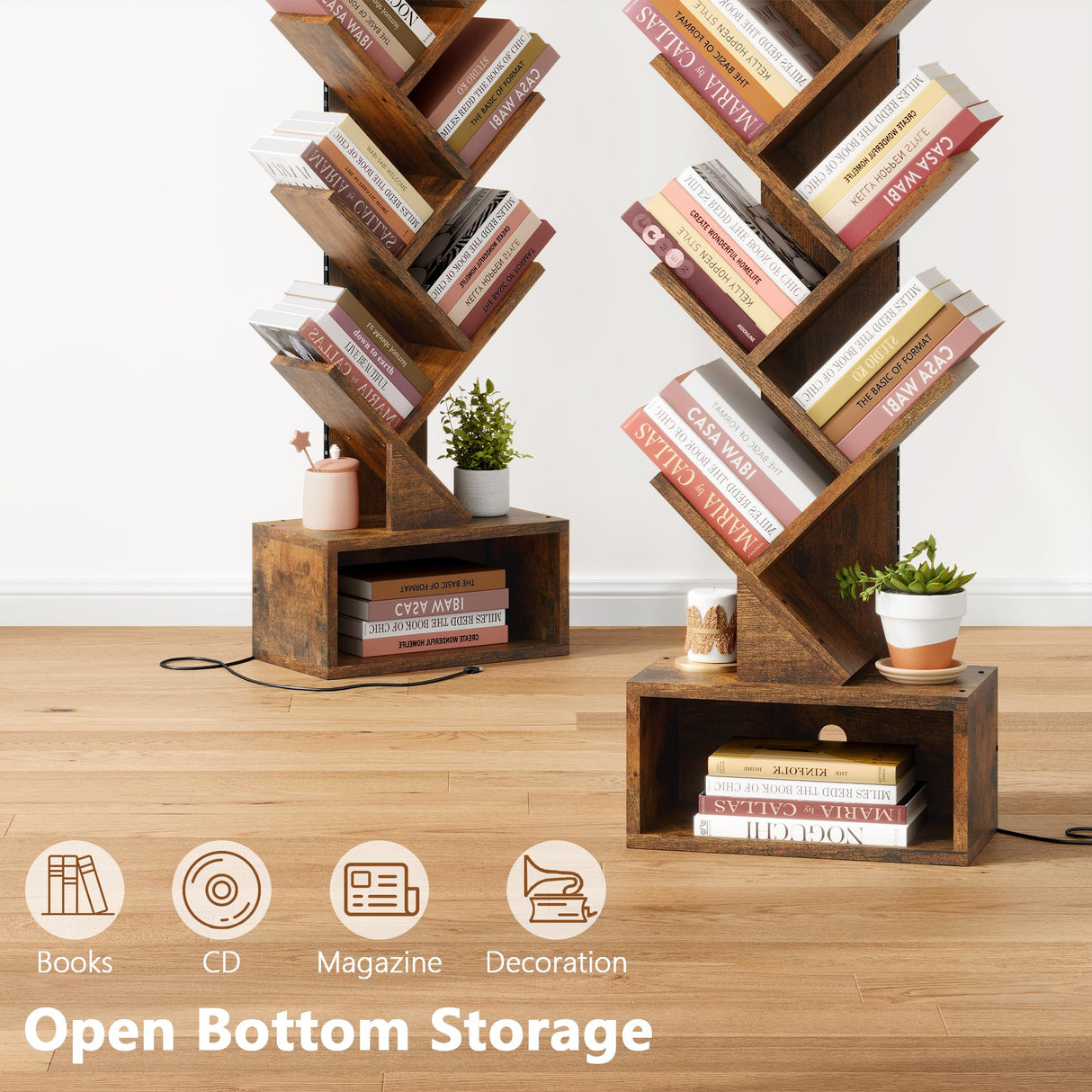 Hoctieon 9 Tier Tree Bookshelf, Tall Bookcase, Freestanding Book Shelf with LED Lights, Display Floor Standing Storage Shelf, Book Organizer Shelves for Home Office, Living Room, Rustic Brown Hoctieon