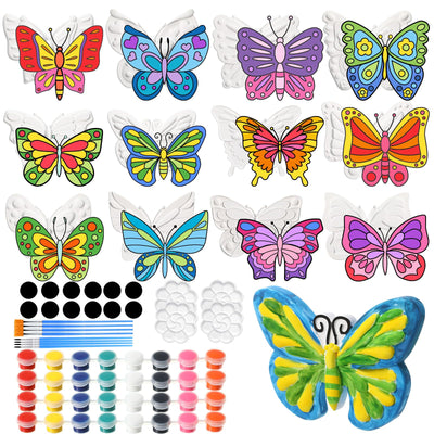 Arrowbash 12 Sets Butterfly Painting Kit Summer Ceramic to Paint Your Own Butterfly Unpainted Paintable Ceramics with 12 Magnet 8 Brushes and 4 Palette Spring DIY Arts and Crafts for Party Adults