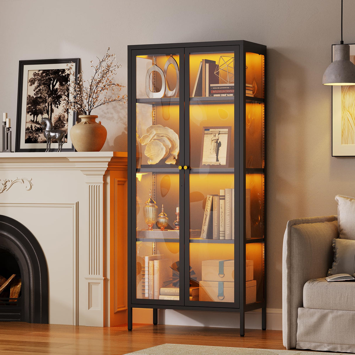 Desirable Life 4 Tier Glass Display Cabinet with 13 Color LED Lights, 63" Lighted Curio Cabinet with Glass Doors & Adjustable Shelves, Tall Metal Display Case for Collectibles - Black Desirable Life