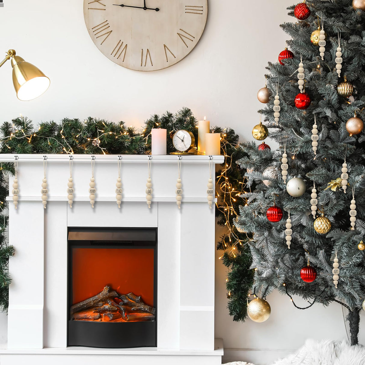 Loetere 24 Pcs Christmas Ornaments Farmhouse Wood Bead Ornament for Tree with Blessing Word Rustic Christmas Hanging Decorations Natural Wooden Beads for Xmas Tree Wall Tiered Tray (Boho) Loetere