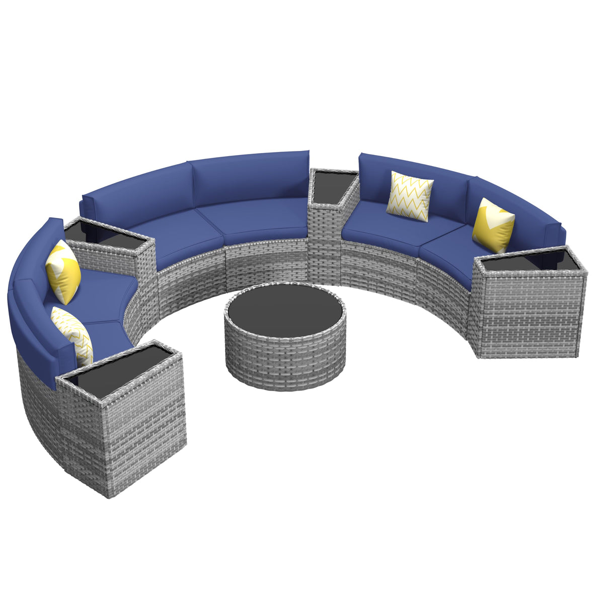 Amopatio Outdoor Patio Sectional Furniture Sets, 11 Pcs Curved Patio Couch with Storage Armrest Table and 4 Pillows, Half-Moon Outdoor Sofa Fit Porch Poolside Garden (Included Waterproof Cover) Amopatio