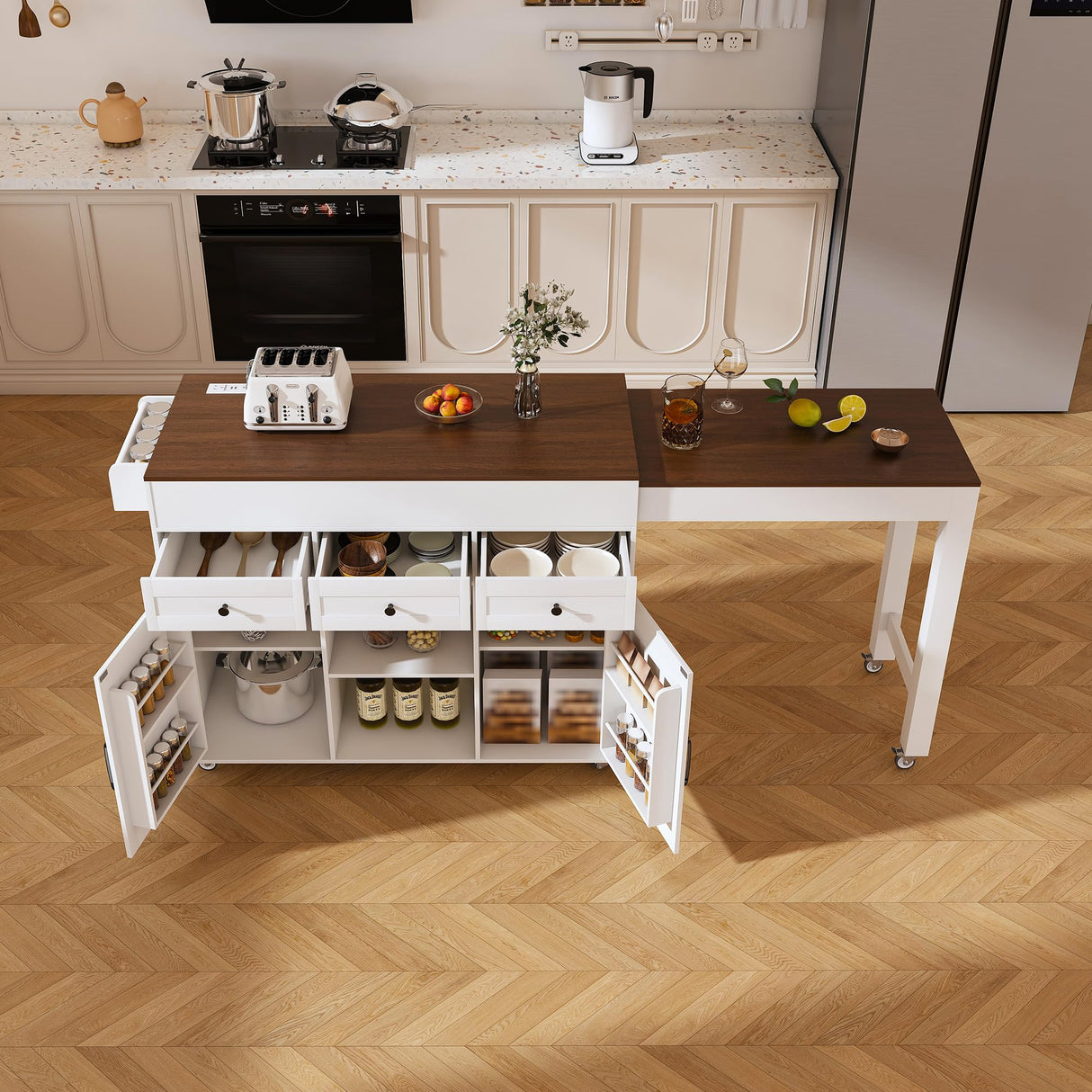 Ball & Cast 74.8" Kitchen Island with Extendable Dining Table & Power Outlet,Rolling Storage Cart on Wheels with 3 Drawers & 2 Door,Rolling Bar Table Cabinet for Dining Room,White Ball & Cast