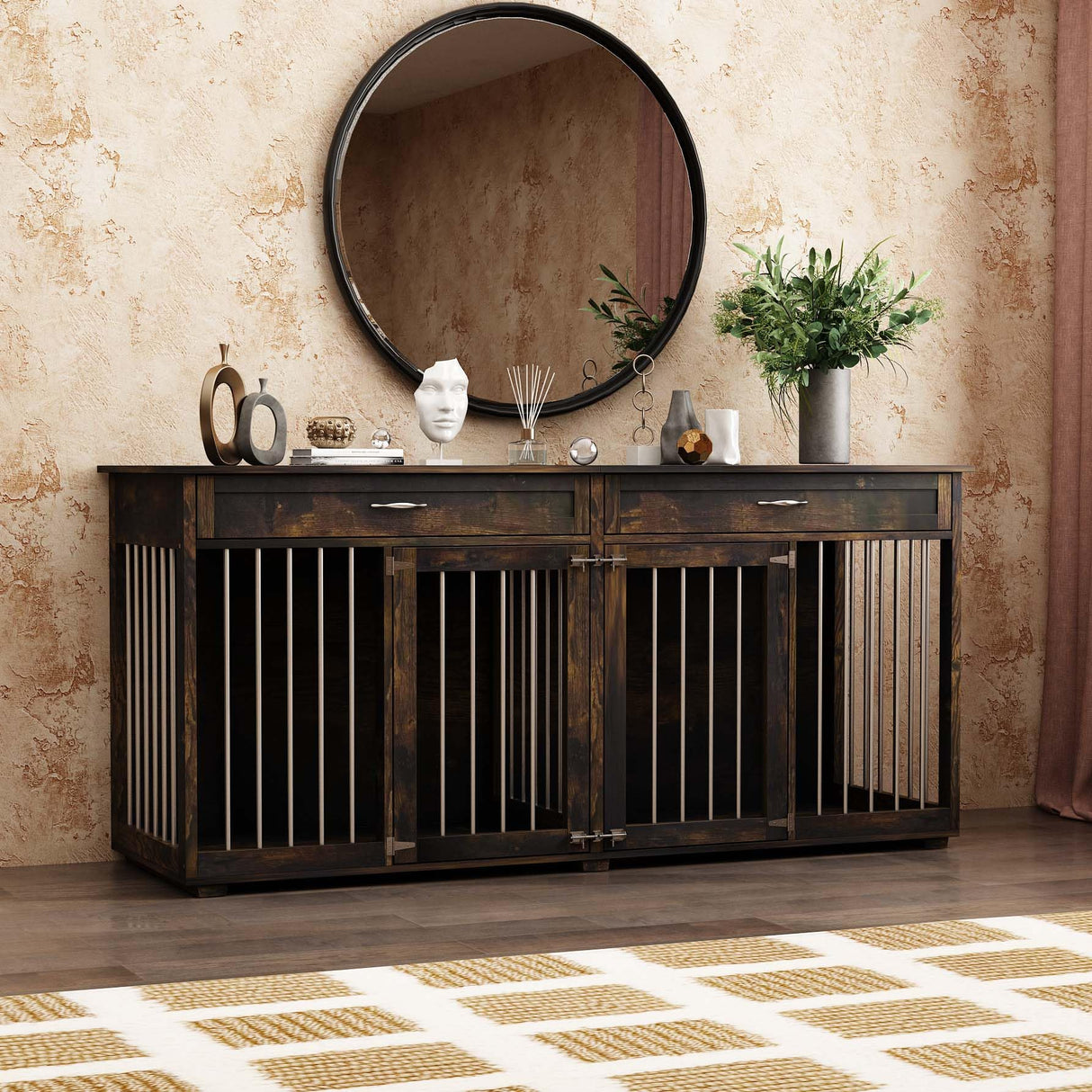 DAWNSPACES Dog Crate Furniture for Large Medium Dogs, 72" Heavy Duty Indoor Wooden Double Rooms Dog Kennel Table with Drawers & Divider, Funiture Style Dog Cage House TV Stand, Rustic Brown DAWNSPACES