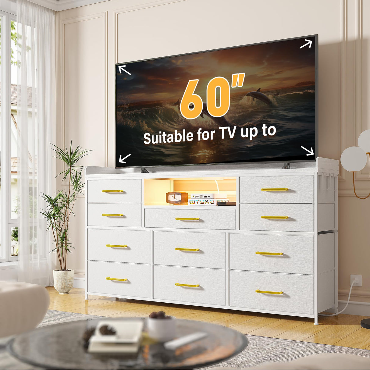 EnHomee Dresser for Bedroom with 11 Drawers for 60" TV Stand for Bedroom with LED Lights & Charging Station Long Dresser with Shelves & 4 Hooks Sturdy Metal Frame & Fabric Drawers (White) EnHomee