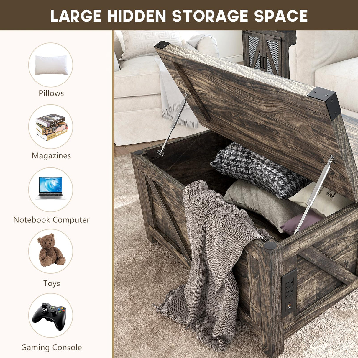 jimeimen Farmhouse Lift Top Coffee Table with Storage, Wood Square Center Table with Charging Station&USB Ports, Living Room Central Table w/Large Hidden Space, for Living Room, Bedroom, Home Office jimeimen