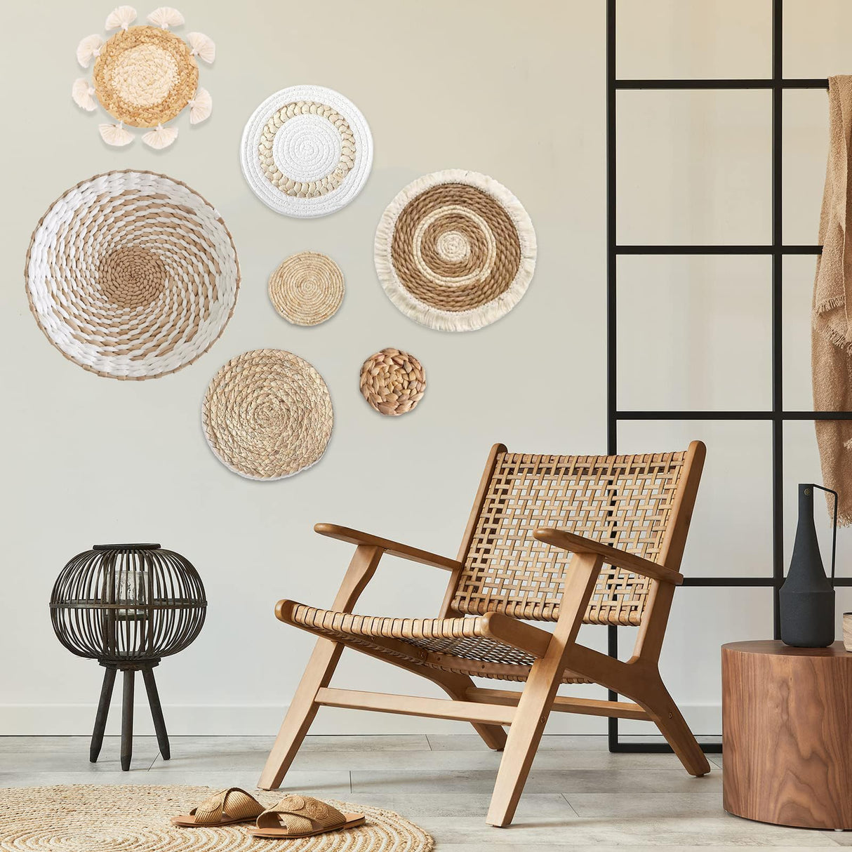 7 Pack Boho Wall Basket Decor - Seagrass Rattan Wicker Wall Decor Round Handmade Hanging Rustic Flat Elegant Wall Art for Farmhouse Living Rooms Bedrooms Display Table Settings Kitchen Home Dimpola