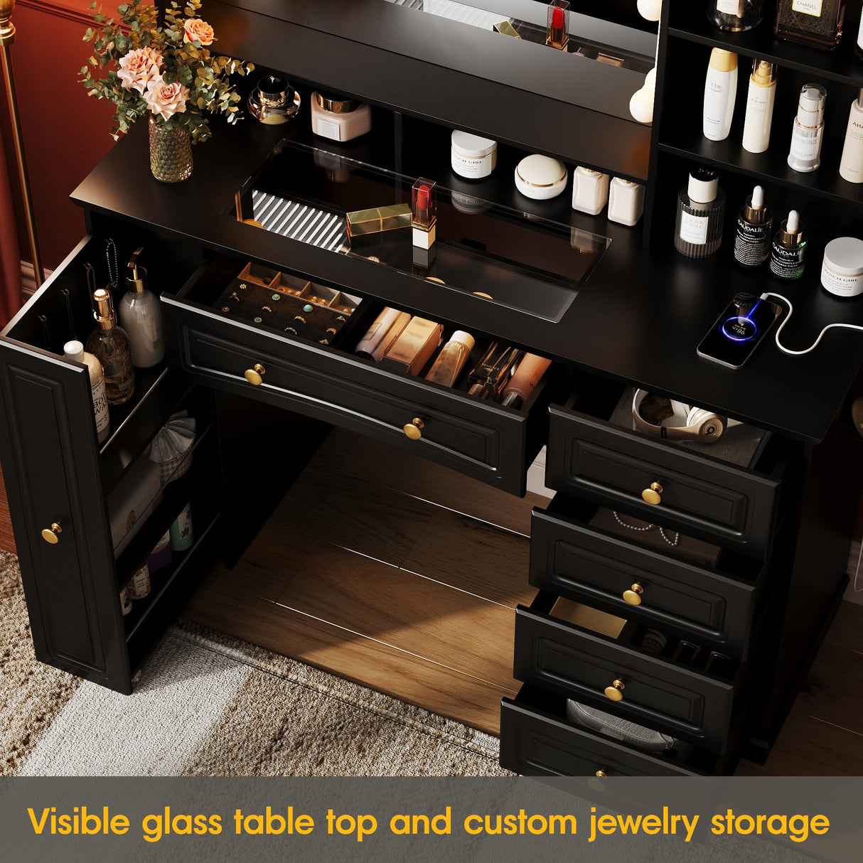 Maupvit Makeup Vanity with Mirror and Lights,Black Vanity Desk with Drawers and Shelves,Large Makeup Table with Glass Top,Bedroom Dressing Table,47.1in Maupvit