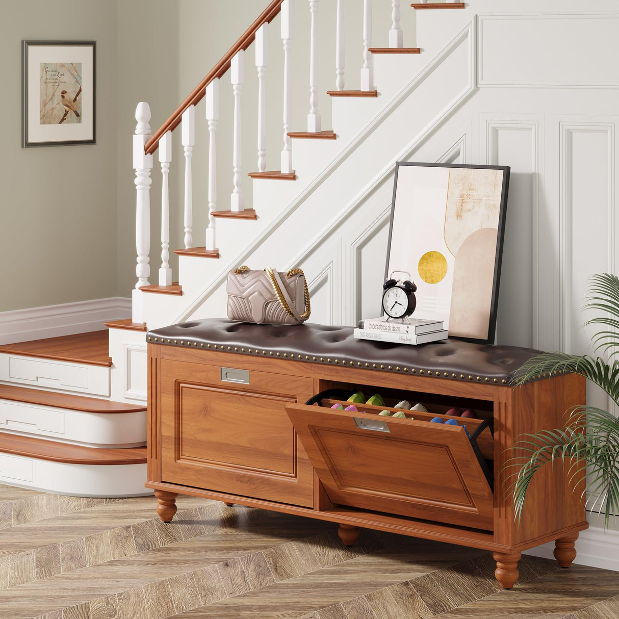 Tribesigns Shoe Storage Bench with 2 Flip Drawers, Entryway Shoe Bench with Tufted Leather Seating, Hallway Bench with Shoe Storage Cabinet, Hidden Shoe Organizer, Solid Wood Legs Tribesigns