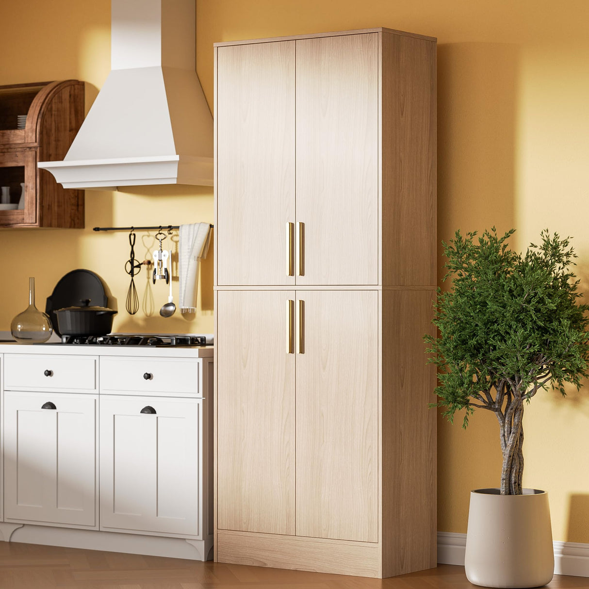 Housoul 71" Tall Pantry Cabinet with 4 Doors, Kitchen Pantry Storage Cabinet, Freestanding Larder Cupboard, Utility Kitchen Hutch with Gold Handles for Dining Room, Bathroom, Oak Housoul