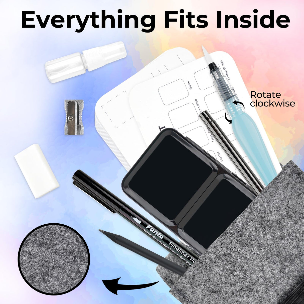 Funto Travel Watercolor Set, 12-Color Paint, 10 Premium Postcards, Brush, Brush Pen, Fineliner, Pencil, Painting Set for Adults, Beginner, and Artists Funto