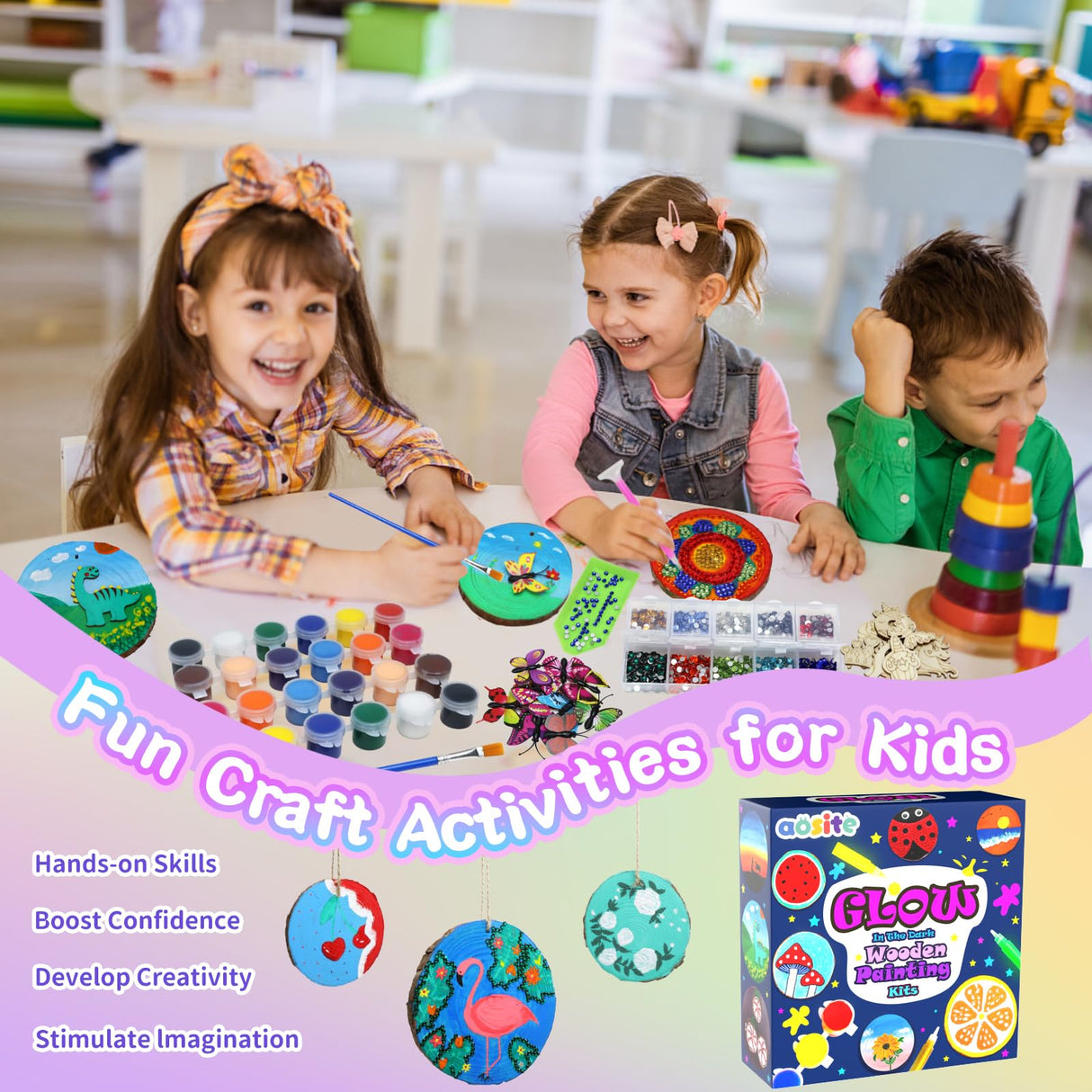 AOSITE Wooden Crafts Kit for Kids-Glow in The Dark-Arts and Crafts for Kids Ages 6-12, Wood Slices Painting Craft Activities Kits, Creative Art Toys for 6 7 8 9 10 11 12 Year Old AOSITE