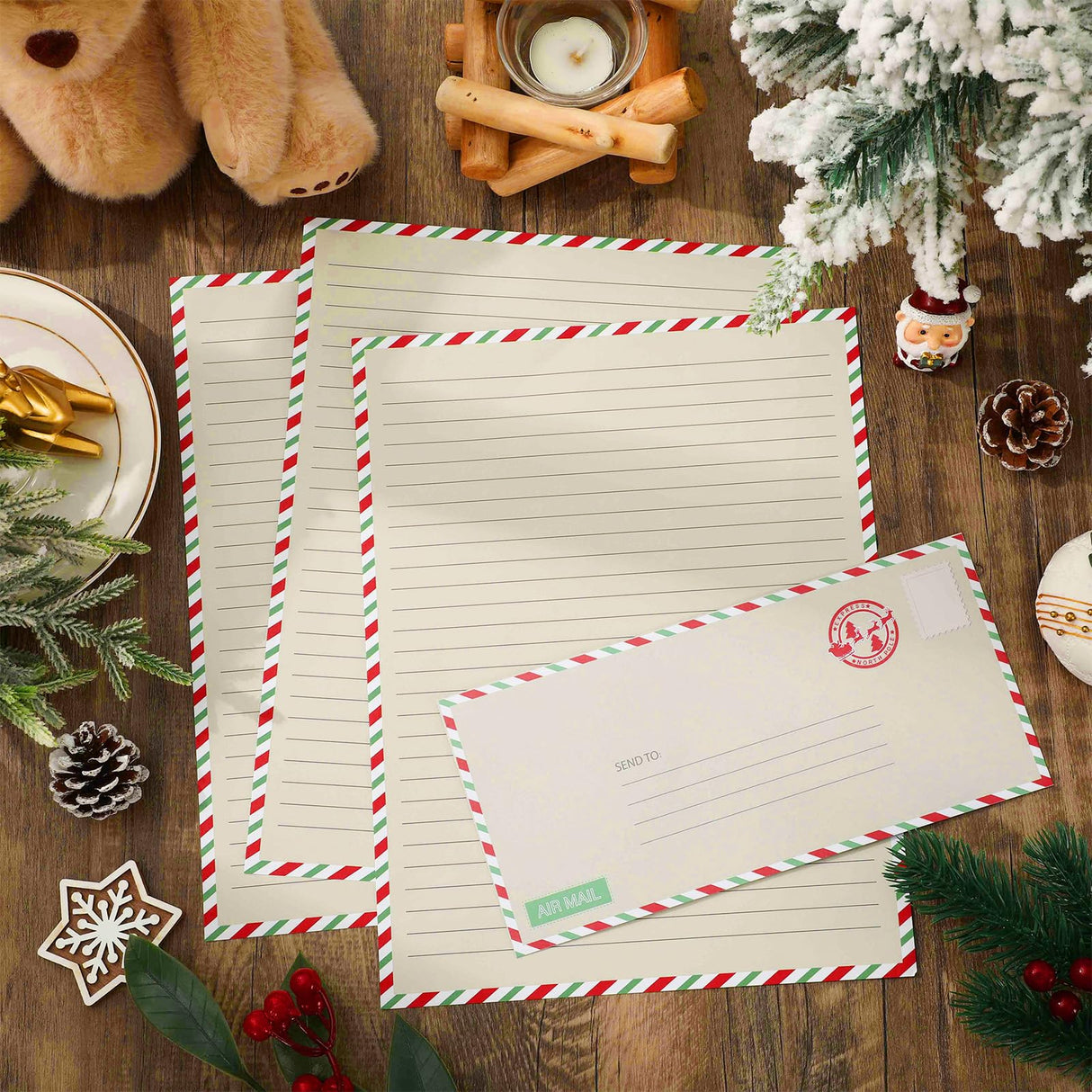 JarThenaAMCS 100Pcs Christmas Vintage Airmail Stationery Paper Set Red Green Border Lined Letter Writing Paper with Envelopes for Xmas Invitation Card Office Printing, 8.5" x 11" JarThenaAMCS