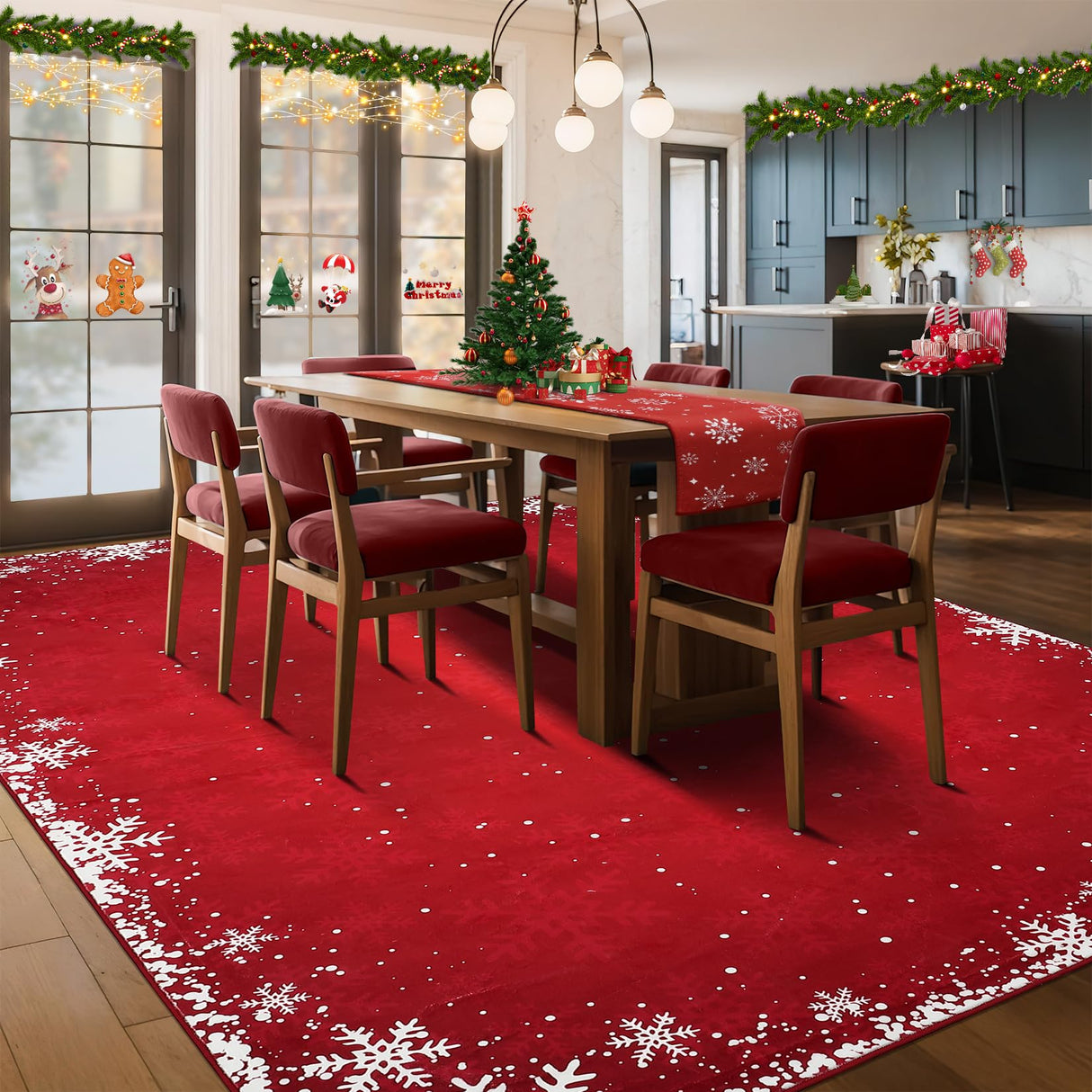 8x10 Living Room Area Rug Christmas Large Bedroom Rugs Non Slip Washable Xmas Decoration Dining Room Throw Carpet Soft Low Pile Snowflakes Rugs for Holiday Festival Boho Rug for Nursery Kitchen, Red RUGSREAL