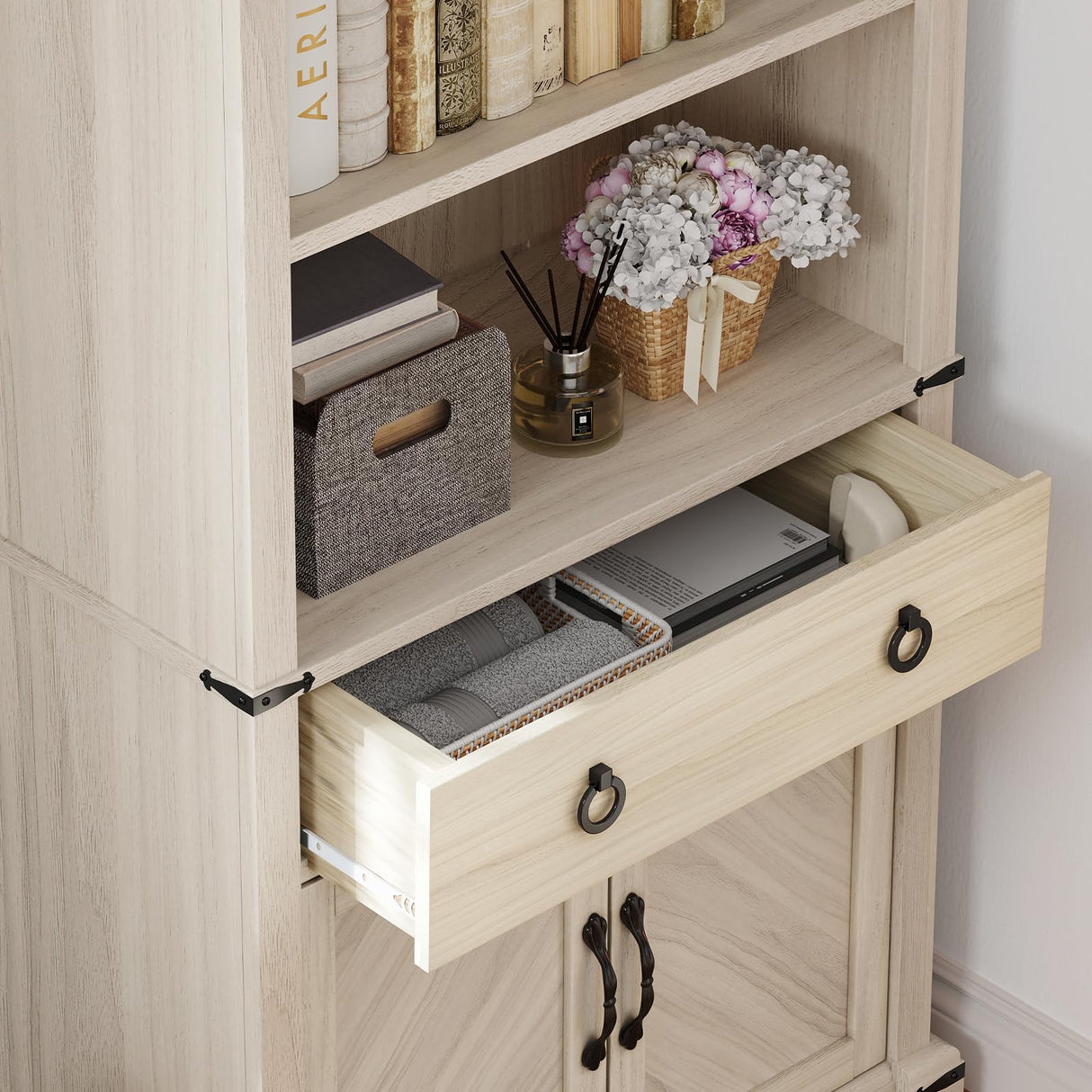 YITAHOME Farmhouse Bookcase with Doors and Drawers, 70" Tall Bookshelf with Storage Shelves, Standing Display Shelf Organizer Rack for Home Office, Living Room, White+Walnut YITAHOME