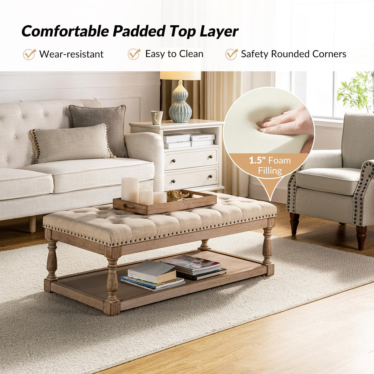 HULALA HOME Rectangle Ottoman Coffee Table with Tray, Tufted Living Room Ottoman with Solid Wood Storage Shelf, Linen HULALA HOME