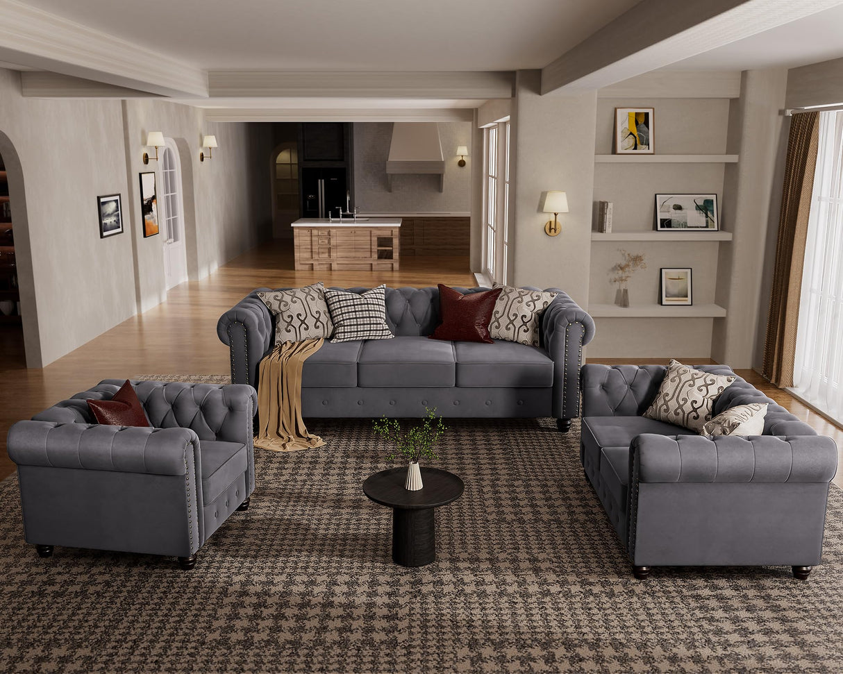 Morden Fort Classic Chesterfield Sofa Set 82'', Tufted Sofa Couch Set with Solid Wood Legs Thick Cushion, Pet-Friendly 3-Seater Sofas Couches for Living Room Bedroom Apartment - Velvet Grey Morden Fort