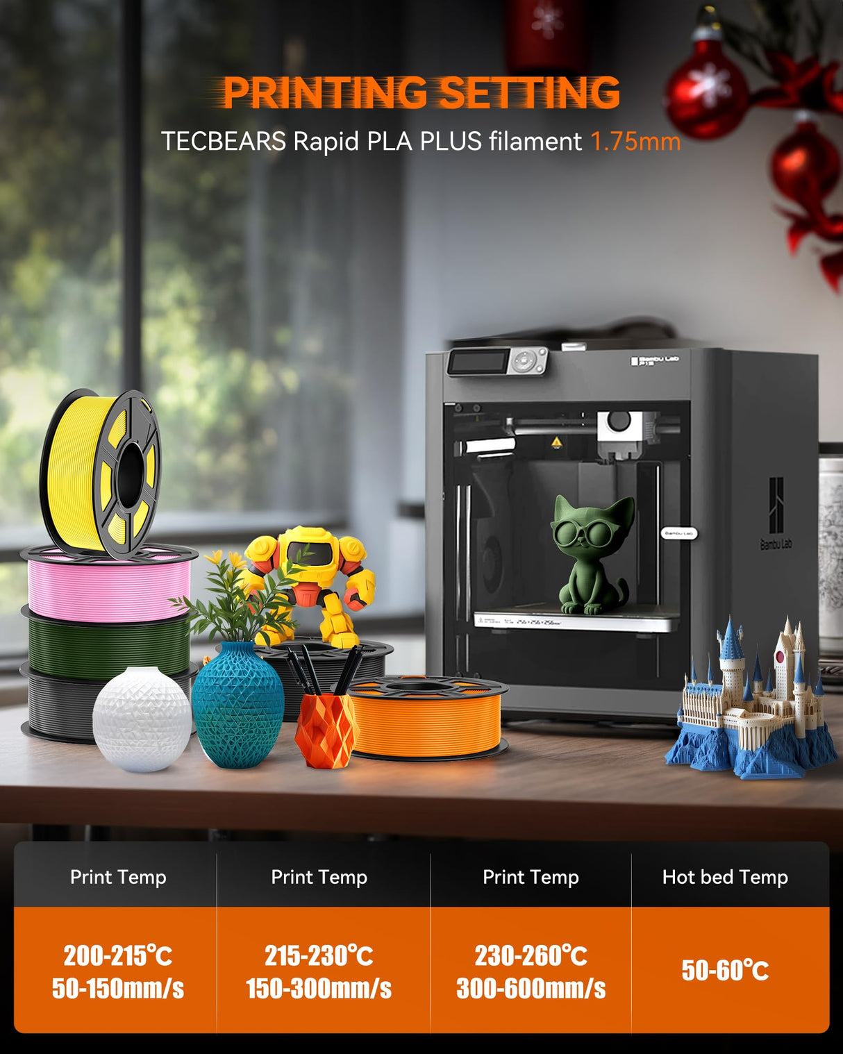 TECBEARS High Speed PLA Plus Filament 1.75mm, High Toughness Rapid PLA+ for Fast Printing up to 600mm/s, 8 Pack 250g Spool, Black+White+Grey+Olive Green+Blue+Pink+Orange+Red TECBEARS