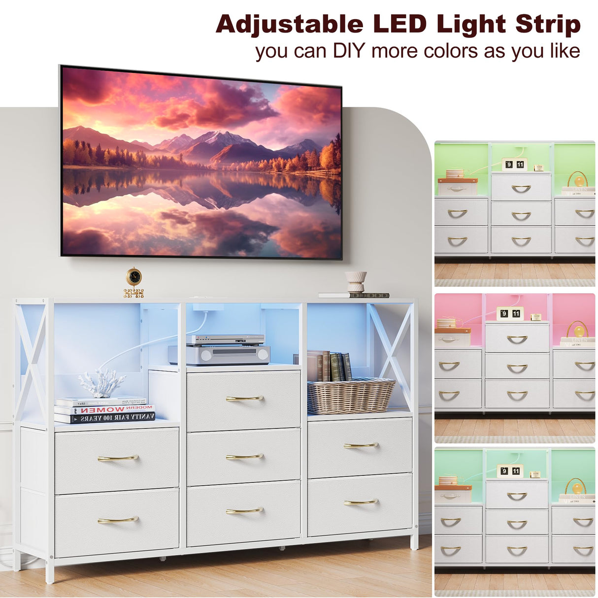 Decofy Dresser for Bedroom with Power Outlets and LED Lights, 7 Drawers TV Stand Dresser for 65 Inch TV, Chest of Drawers with Open Shelf, Wide White Dresser, ๐๐ ๐๐๐๐ญ๐ก๐๐ซ, for Bedroom, Closet Decofy