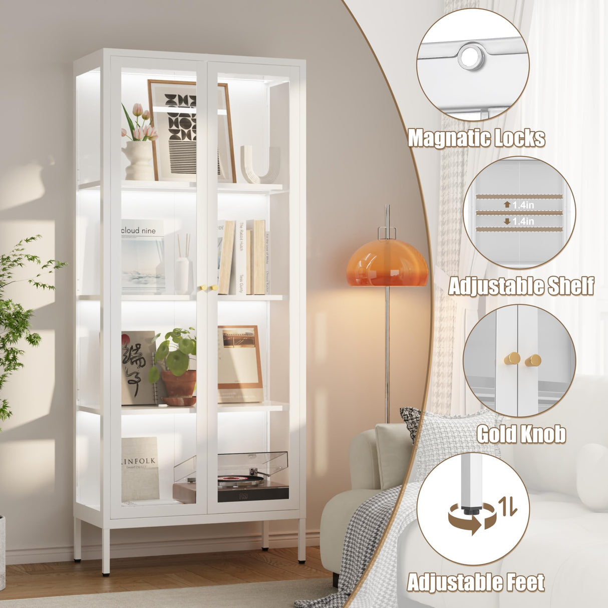 Glass Display Cabinet with LED Lights, White Curio Glass Showcase, 66" Tall Metal Storage Cabinet with Doors and Adjustable Shelves, 3 Color Lighted Display Case for Living Room, Hallway, Pantry MetalMax
