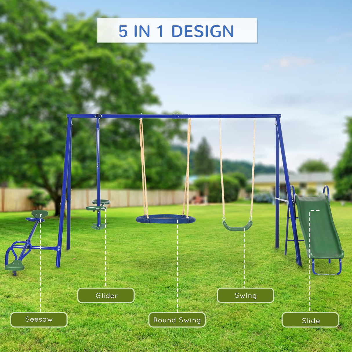 Outsunny 693 lbs Swing Set for Backyard, 5 in 1 Heavy-Duty A-Frame Stand Outdoor Playset for Kids, with Saucer Swing, Slide, Seesaw, Glider, Swing Seat Outsunny
