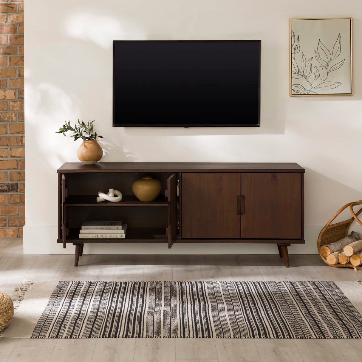 Walker Edison Genia Mid-Century Modern Solid Wood Stand for TVs up to 65 Inches, Walnut Walker Edison