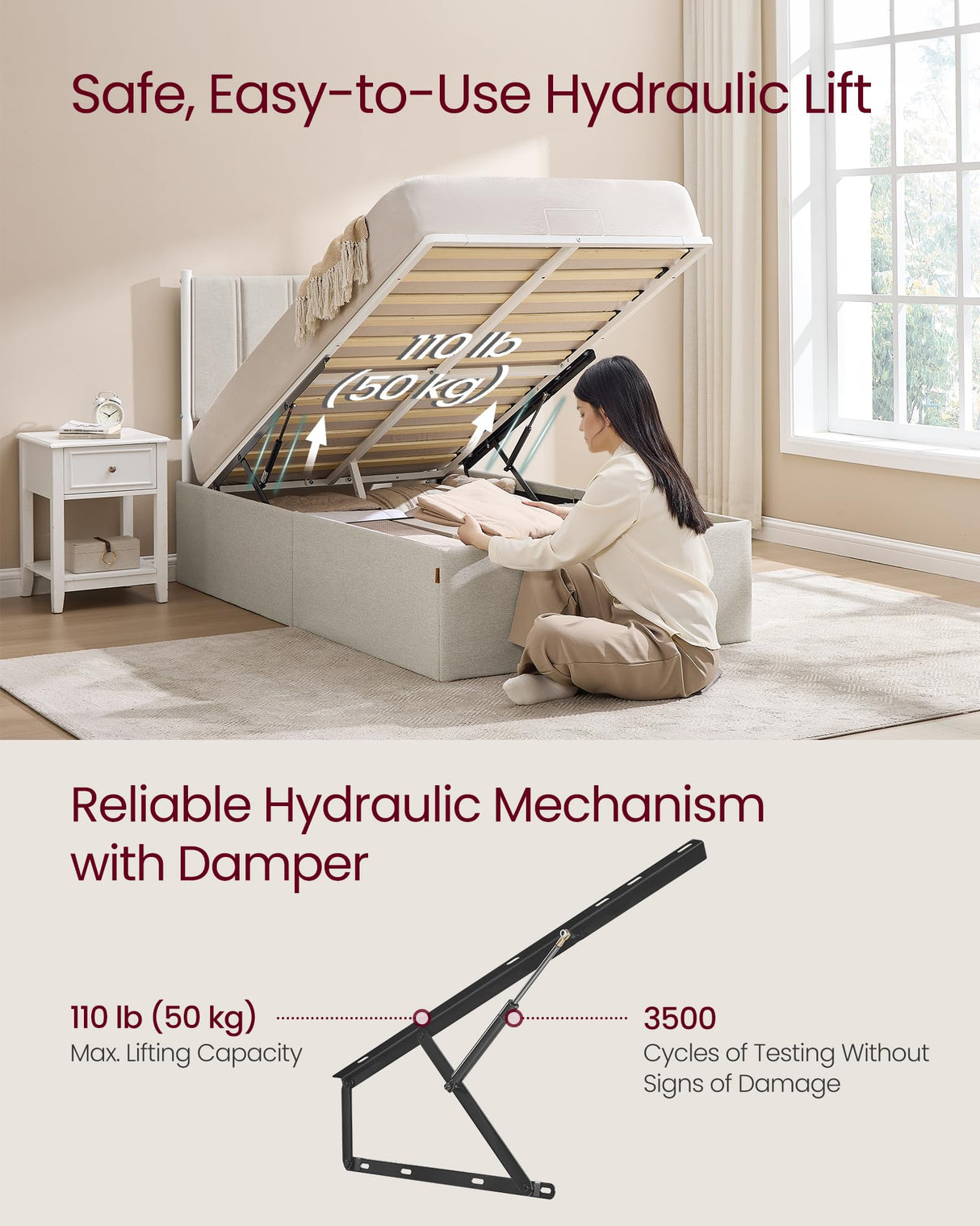 VASAGLE Lift Up Storage Bed Frame Twin Size, Hydraulic Platform Bed, with Upholstered Headboard, 550 lb Weight Capacity, No Box Spring Needed, Easy Assembly, Modern, Cappuccino Beige URMB603W01 VASAGLE