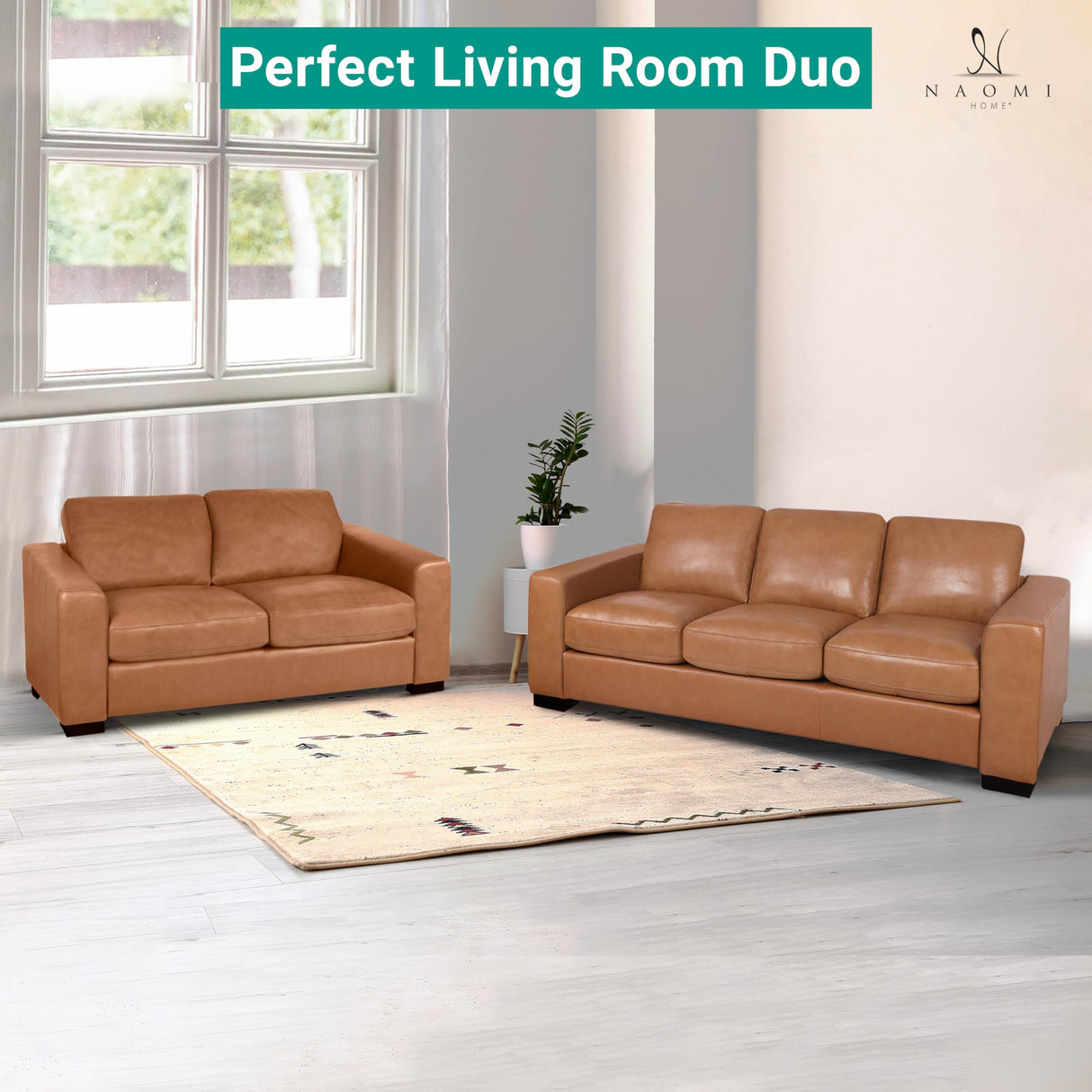 Naomi Home Freya Genuine Leather Sofa - Luxurious Comfort, Goose Feather Cushion Filling, Square Arm Design, Sturdy Block Legs, Elegant Tan - Ideal for Living Room, Office, or Bedroom Naomi Home
