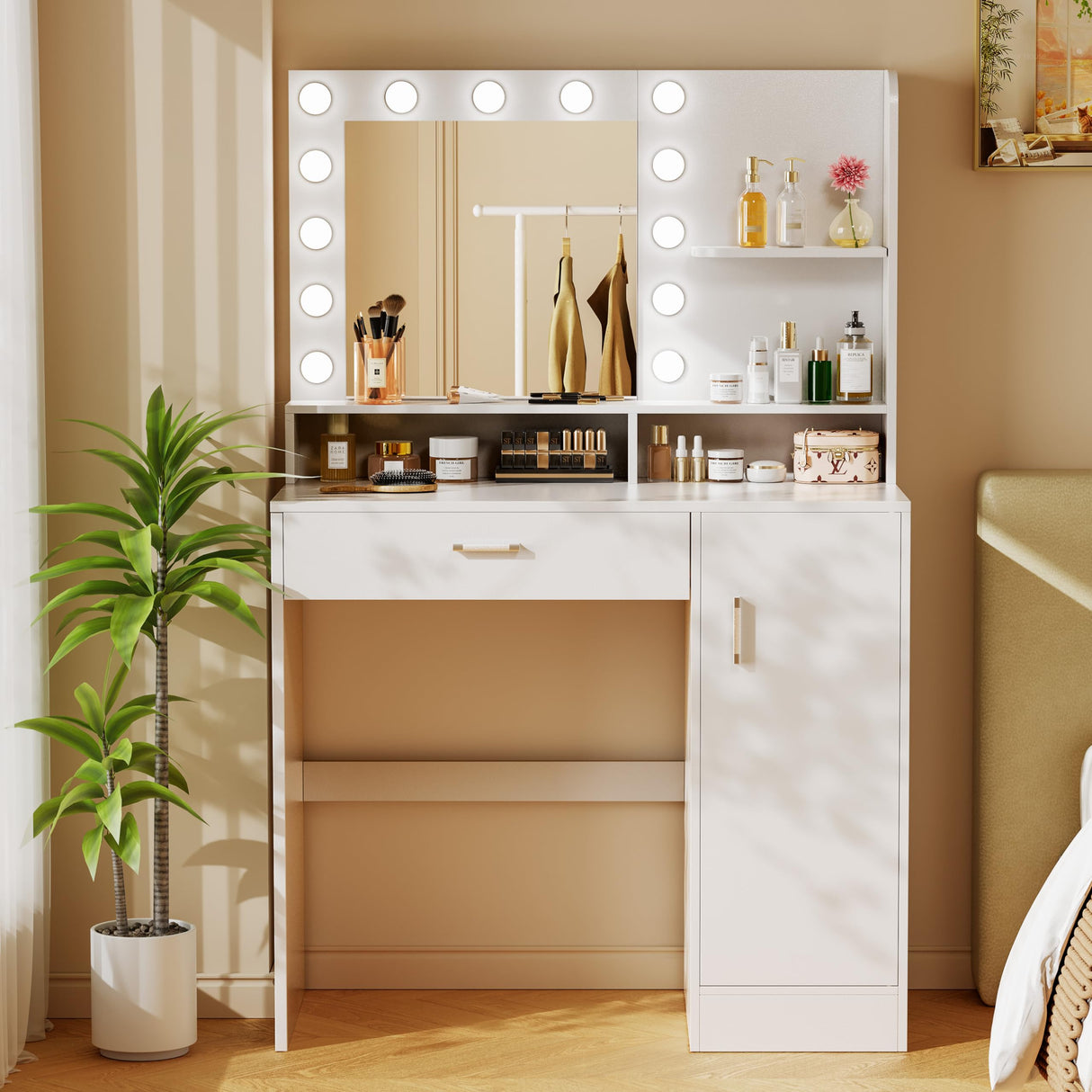 Vanity Desk with Mirror & Lights, White Makeup Desk with Drawers & Cabinet, 3 Lighting Modes & 10 Brightness, Vanity for Bedroom & Dressing Room Decofy