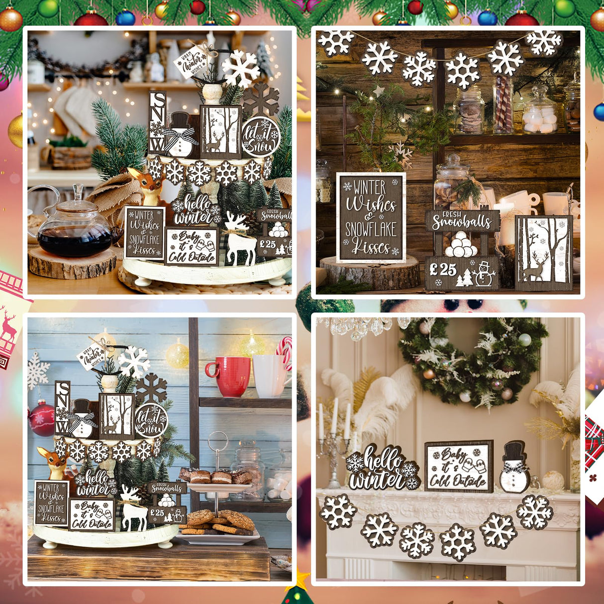 17 Pcs Chiristmas Tiered Tray Decor Winter Snowman Tiered Decorations Set Snowflake Reindeer Table Centerpieces Decor Winter Wooden Signs Table Decoration Without Tray for Farmhouse Party Funnymoom