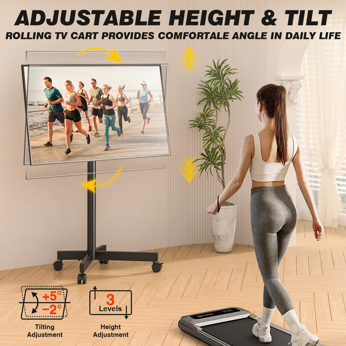 5Rcom Rolling TV Stand, Movable TV Stand with Apple TV/Roku Ultra Mount for 23-60 Inch TVs, Tilt/Height Adjustable Mobile TV Cart with Wheels Holds up to 88 lbs for Home Office, MAX VESA 400x400mm 5Rcom