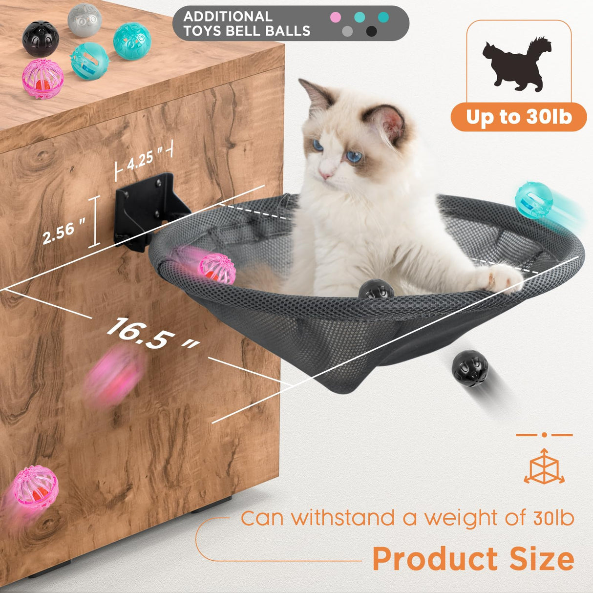 JUNSPOW Cat Hammock Wall Mounted, Foldable & Stable Cat Beds- Breathable Cat Wall Shelves for Sleeping, Playing, Climbing, and Lounging - Maximum Hold Up to 30lb (Gray) JUNSPOW