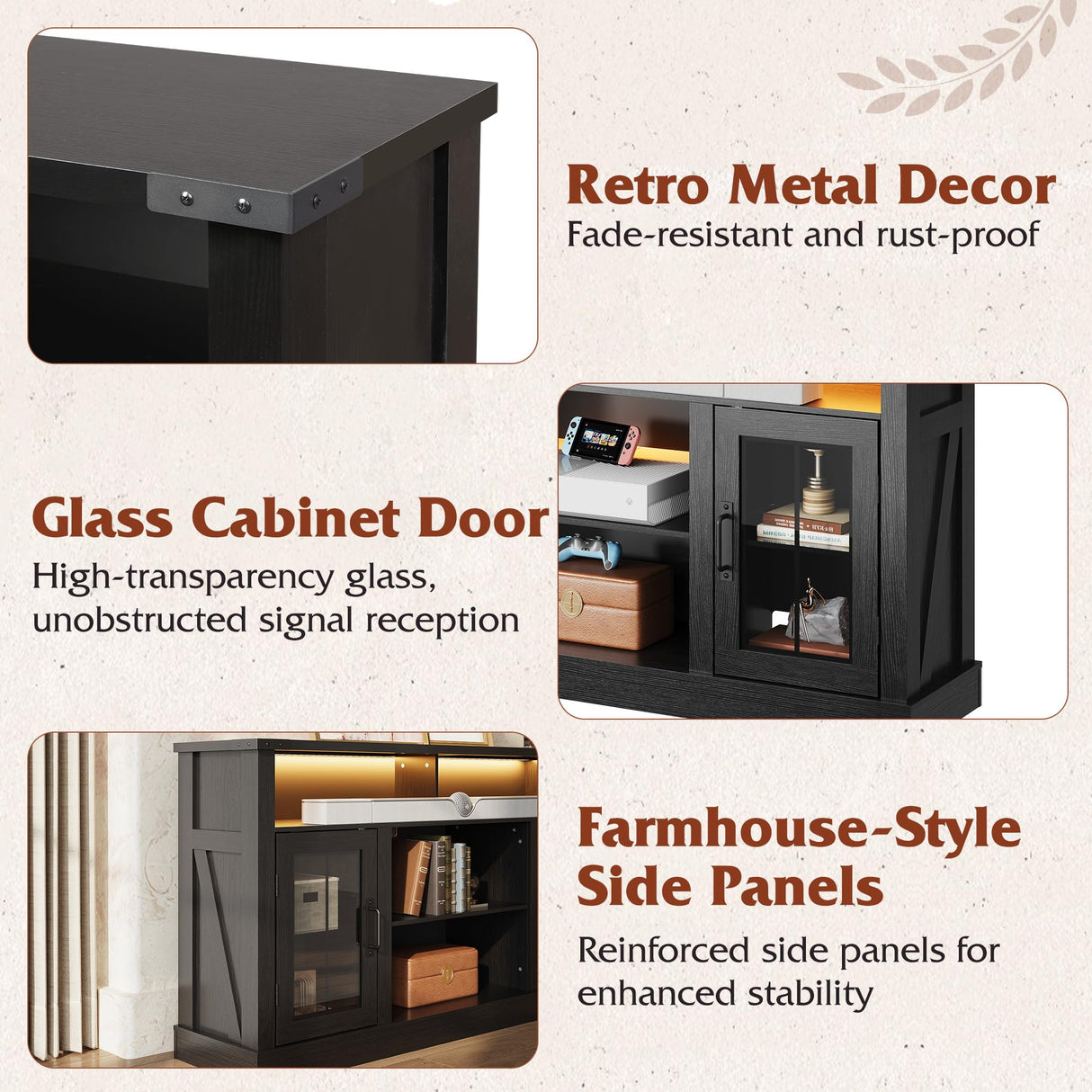 WLIVE TV Stand for 65 Inch TV, Retro Entertainment Center with LED Lights, Farmhouse TV Console wirh Open Shelves and Glass Cabinet Doors, Black WLIVE