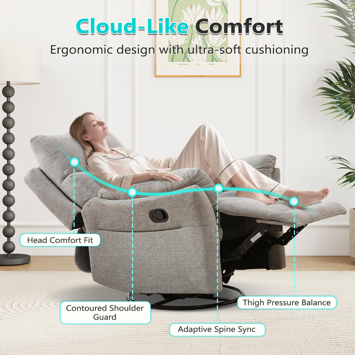 ANJ Manual Fabric Recliner Chair Set of 2, Swivel Rocker Glider, Silver ANJ