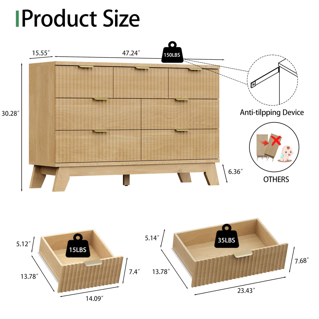 Fluted Dresser for Bedroom with 7 Drawers, 48" Wide Modern Chest of Drawers with Metal Handle, Wood Dresser TV Stand, Wooden Closet Clothes Storage Organizer for Living Room, Hallway, Natural Oak Xixini