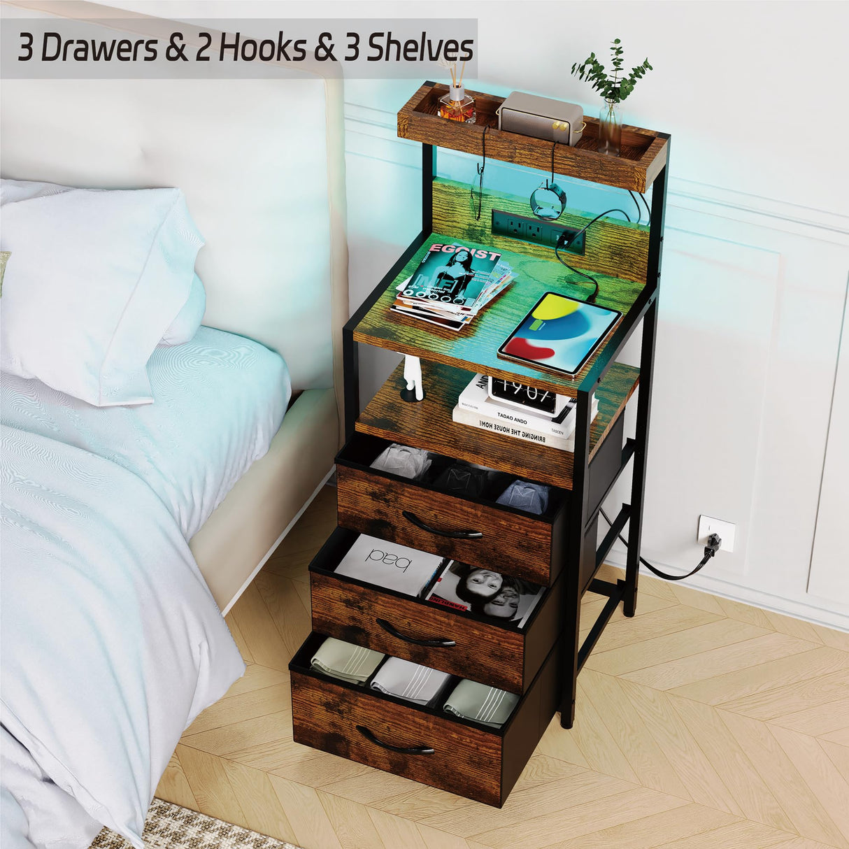 SZLHANJZ Nightstand, Dresser Nightstand with Charging Station, 3 Drawers Night Stand with Storage and LED Lights, 3 Shelves and Hooks, End Side Table for Bedroom, Rustic Brown SZLHANJZ