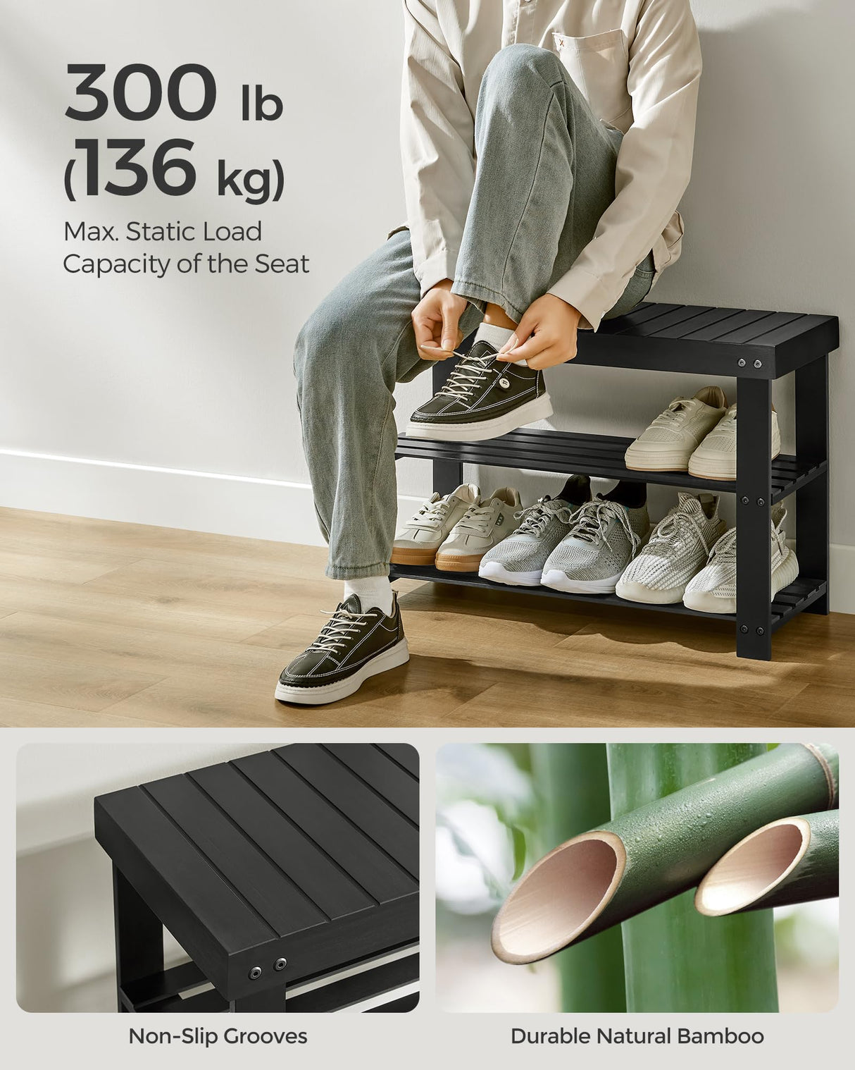 SONGMICS Coat Rack Shoe Bench Set, 3-Tier Bamboo Shoe Rack Bench, Multifunctional, 5 Double Metal Hooks, for Entryway, Hallway, Bedroom, Ink Black ULCR004B01V1 SONGMICS