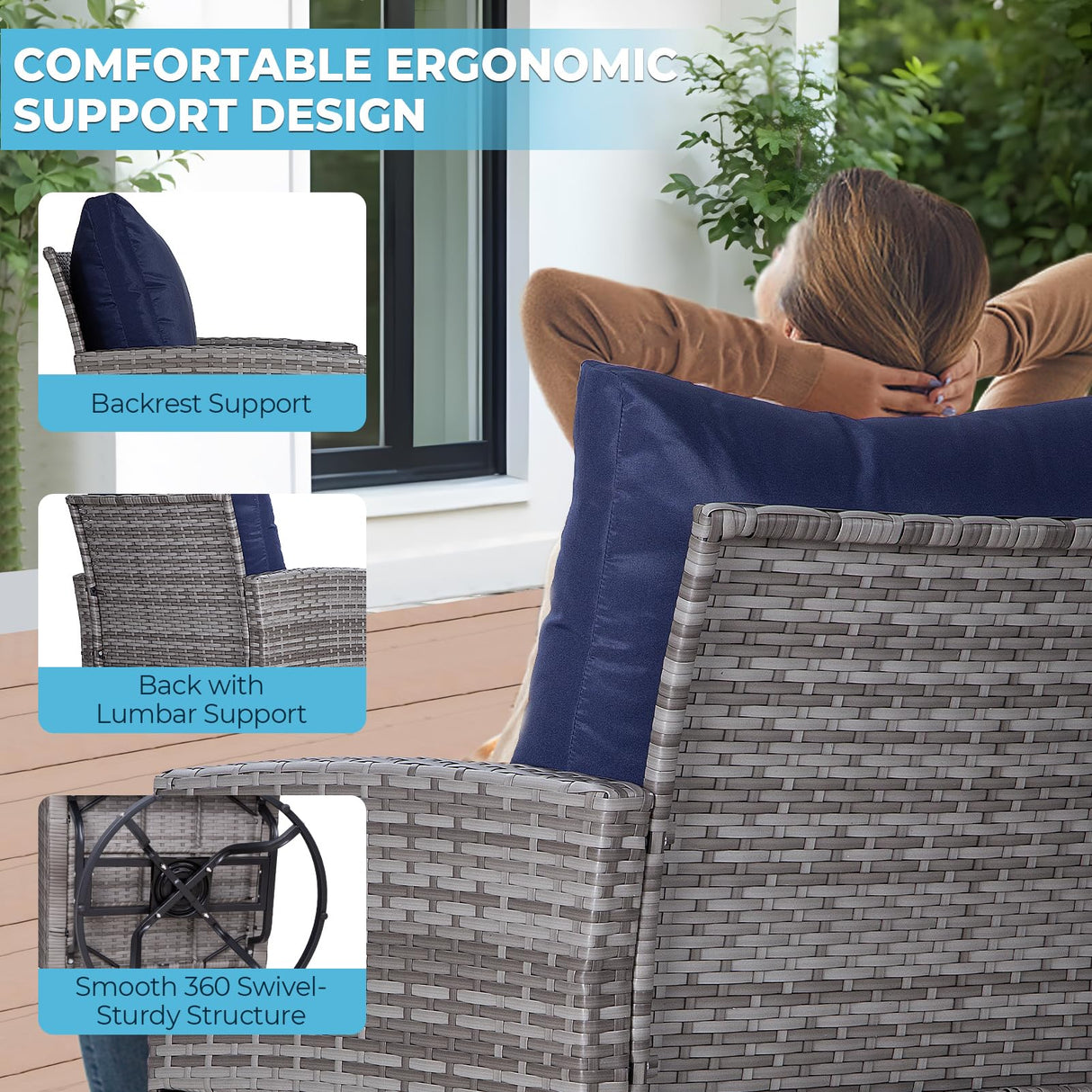 FHFO 10 Pieces Outdoor Patio Furniture Set with Swivel Chairs, Wicker Sectional Sofa Set Rattan Modular Patio Conversation with Cushions Couch & Coffee Table for Garden, Balcony, Porch, Grey-Blue FHFO