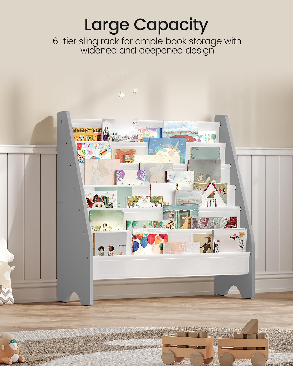 CHOEZON 6-Tier Kids Bookshelf, Kids Sling Bookcase, Magazine and Book Storage Rack, Large Capacity Book Organizer, Book Shelf for Kids Room, Bedroom, Nursery, Playroom, White and Gray MCW07WG CHOEZON