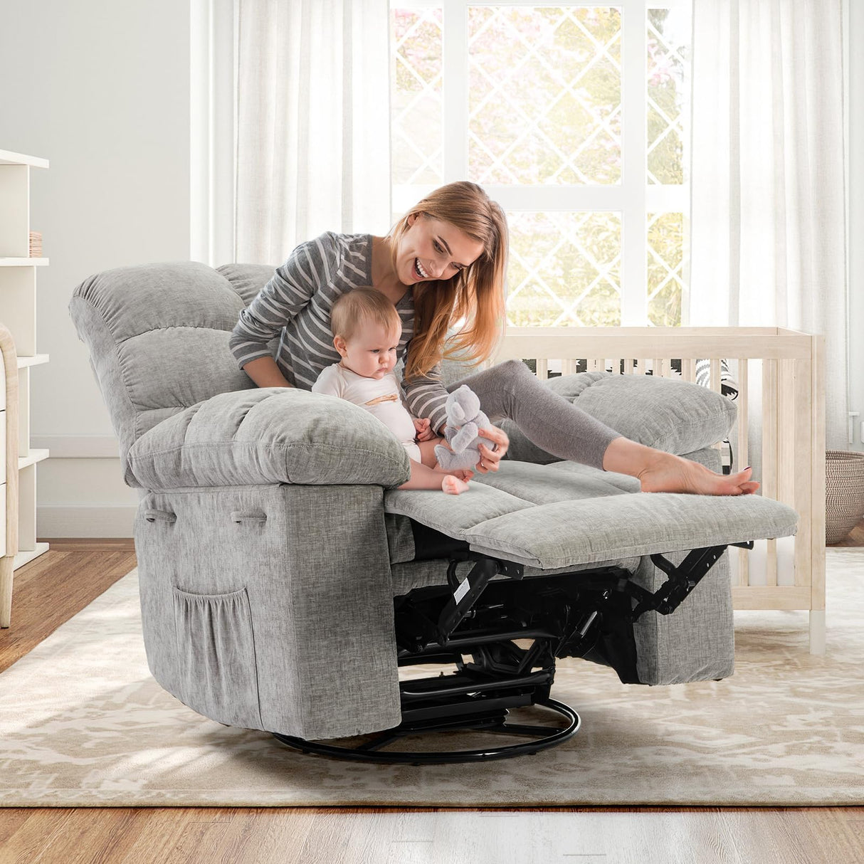 Tioutbot Rocking Recliner Chair with 360° Swivel, Upholstered Fabric Glider Recliner with Side Pockets, Q235 Steel Frame Single Sofa for Living Room, Nursery & Small Spaces – Gray Tioutbot