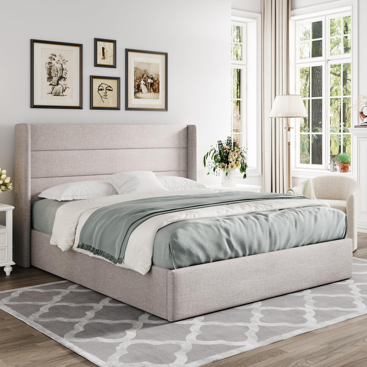 Allewie Full Size Lift Up Storage Bed, Modern Wingback Headboard, Hydraulic Support, No Box Spring Needed, Light Beige Allewie