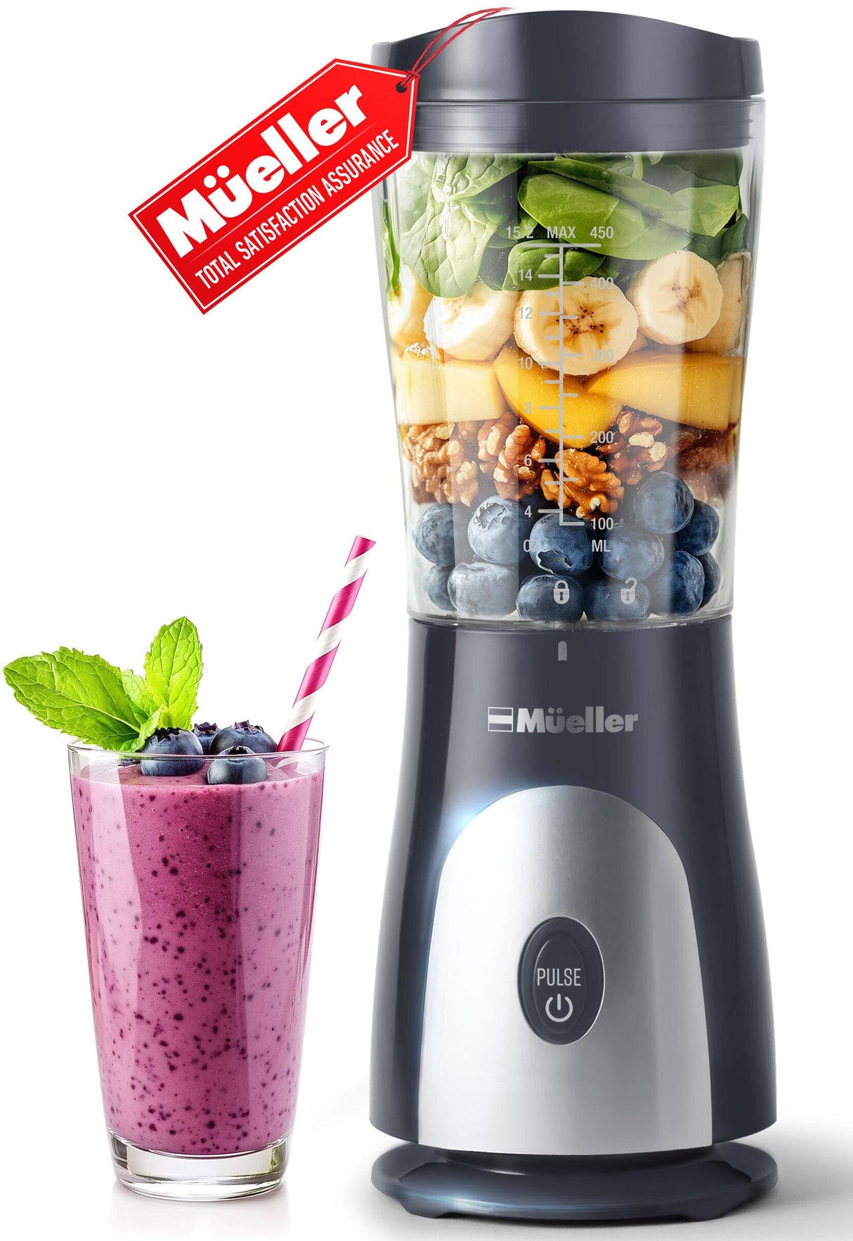 Mueller Heavy-Duty Smootie Blender, Personal Blender for Shakes and Smoothies with a 15 Oz Travel Cup and Lid, Juices, Baby Food, Portable Blender & Food Processor, Light Grey Mueller