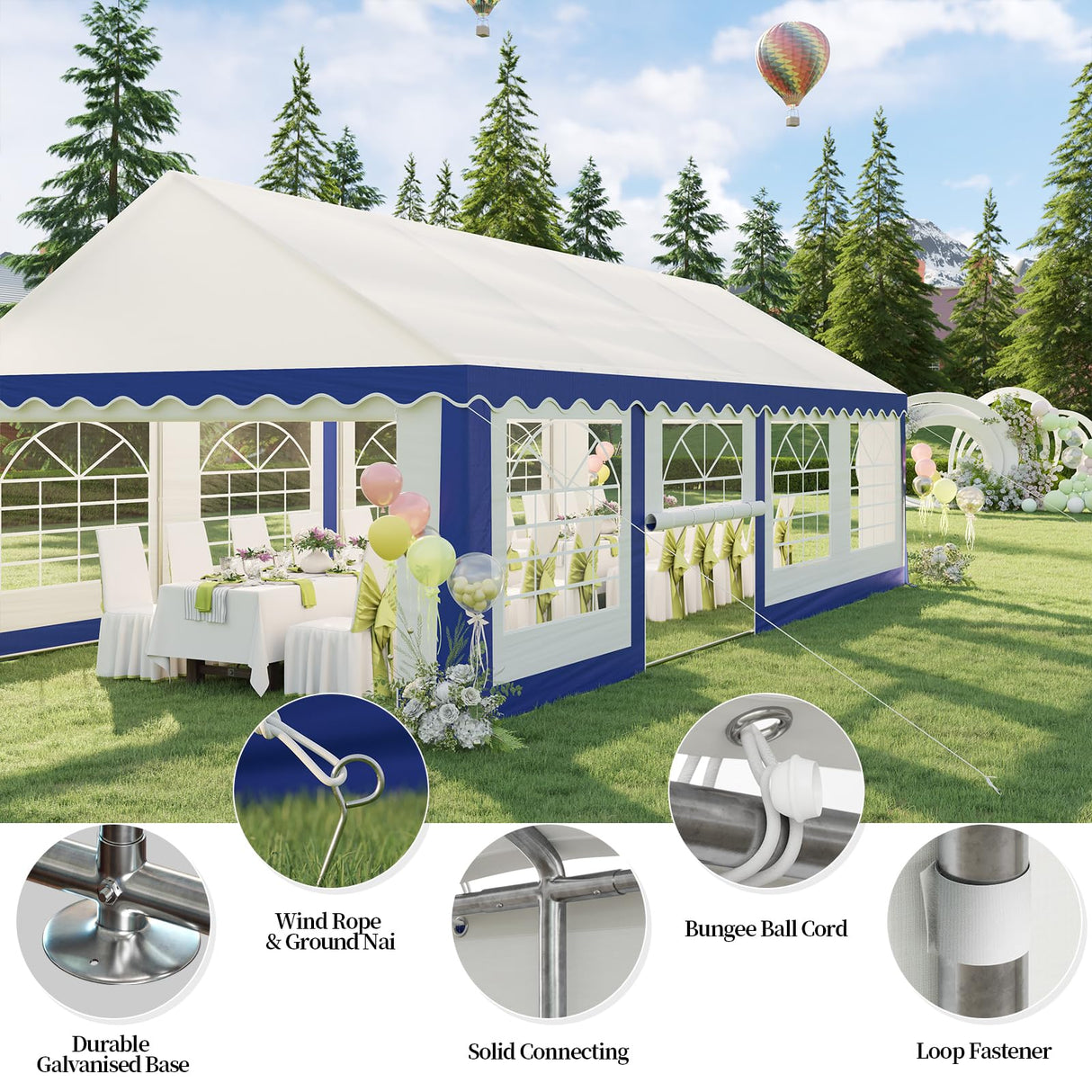 LUXOAK 13x26FT Large Outdoor Event Shelter, Wedding Party Tent with Sidewall Windows & 2 Side Doors, Heavy Duty Canopy Gazebo Tent for Garden Patio Carport/White with Blue Stripes LUXOAK