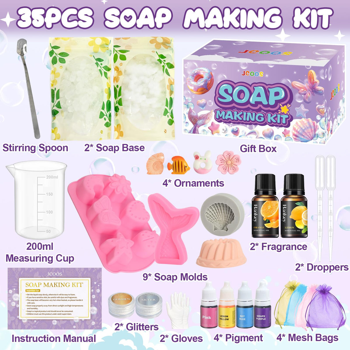 Jcoos Soap Making Kit for Kids, Make Your Own Soap Kit Soap Making Kit Science Kits for Kids Age 8-12, 9 Soap Mold, Soap Base, Scents, Activities Girls Crafts Ages 6-8 4-8 Christmas Gifts Jcoos