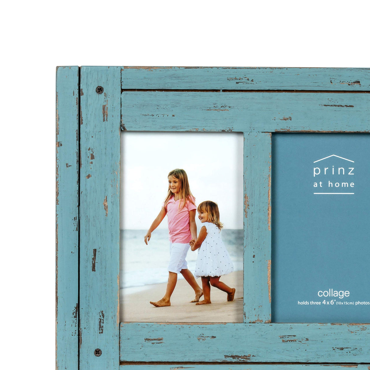 Prinz Homestead Blue Three-Picture Frame, 4 x 6 Distressed Wood Collage Frame, Wooden Rustic Decor, Two-Way Easel, Can Be Wall-Mounted, 15.5 x 0.75 x 9.1 Inches Prinz