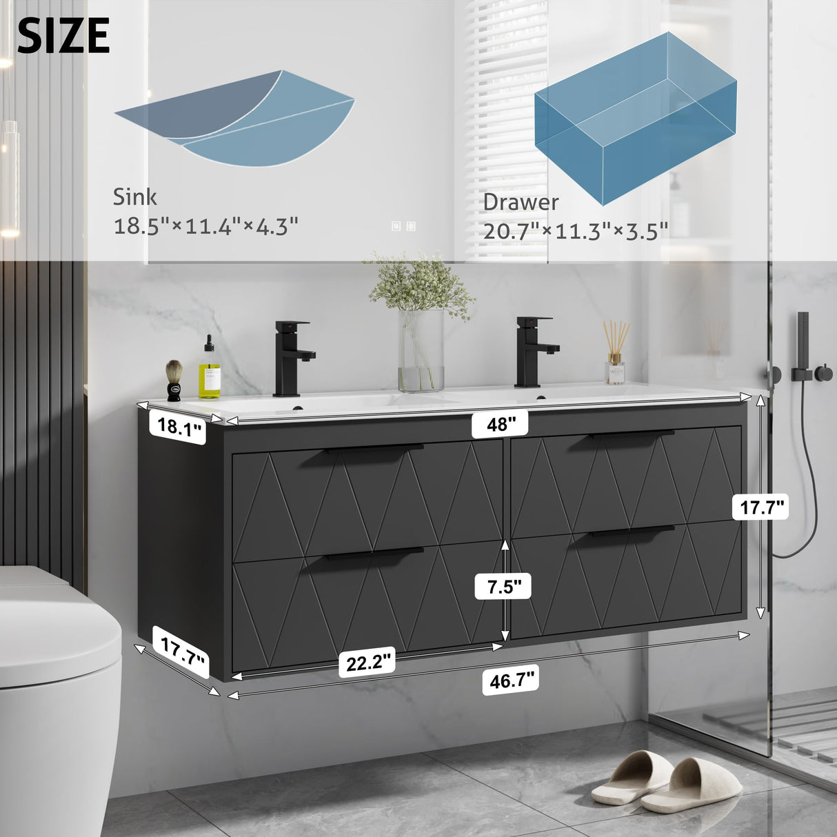 eclife 48" Bathroom Vanities Cabinet with Sink Combo, Wall Mounted Floating Cabinet W/Decor Line, Soft-Close System, 4 Extra Big Drawers, Matte Black Faucet, Black eclife