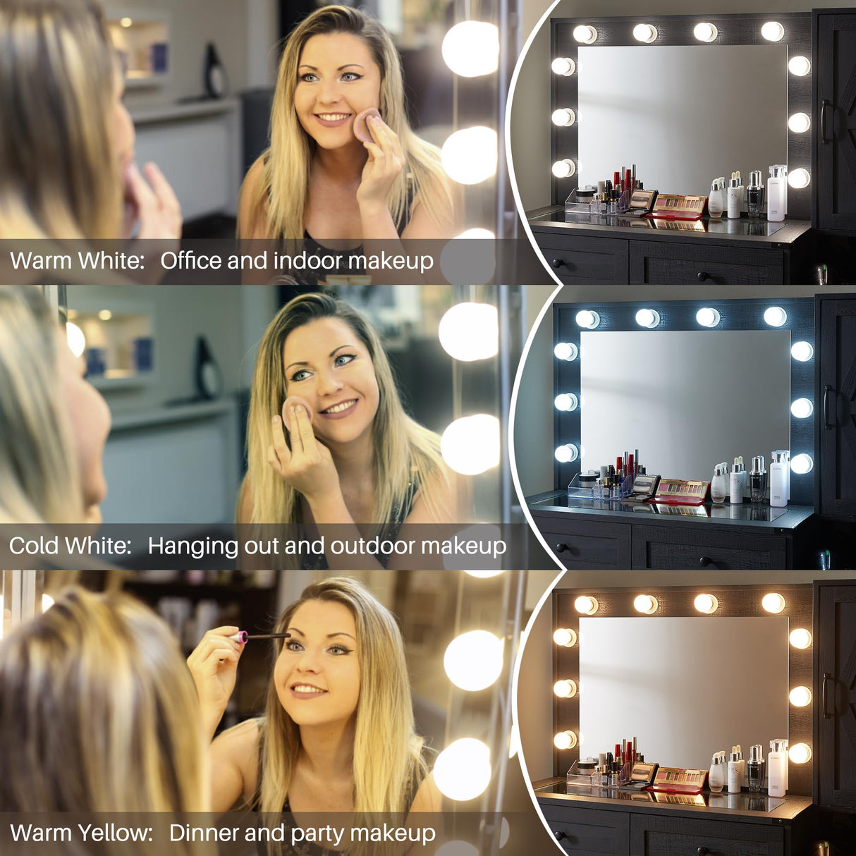 JXQTLINGMU Farmhouse Vanity Makeup Desk with Charging Station, 43" W Vanity Desk with Lights Mirror and Drawers for Makeup, Big Modern Makeup Table Set with Stool for Bedroom, Black JXQTLINGMU