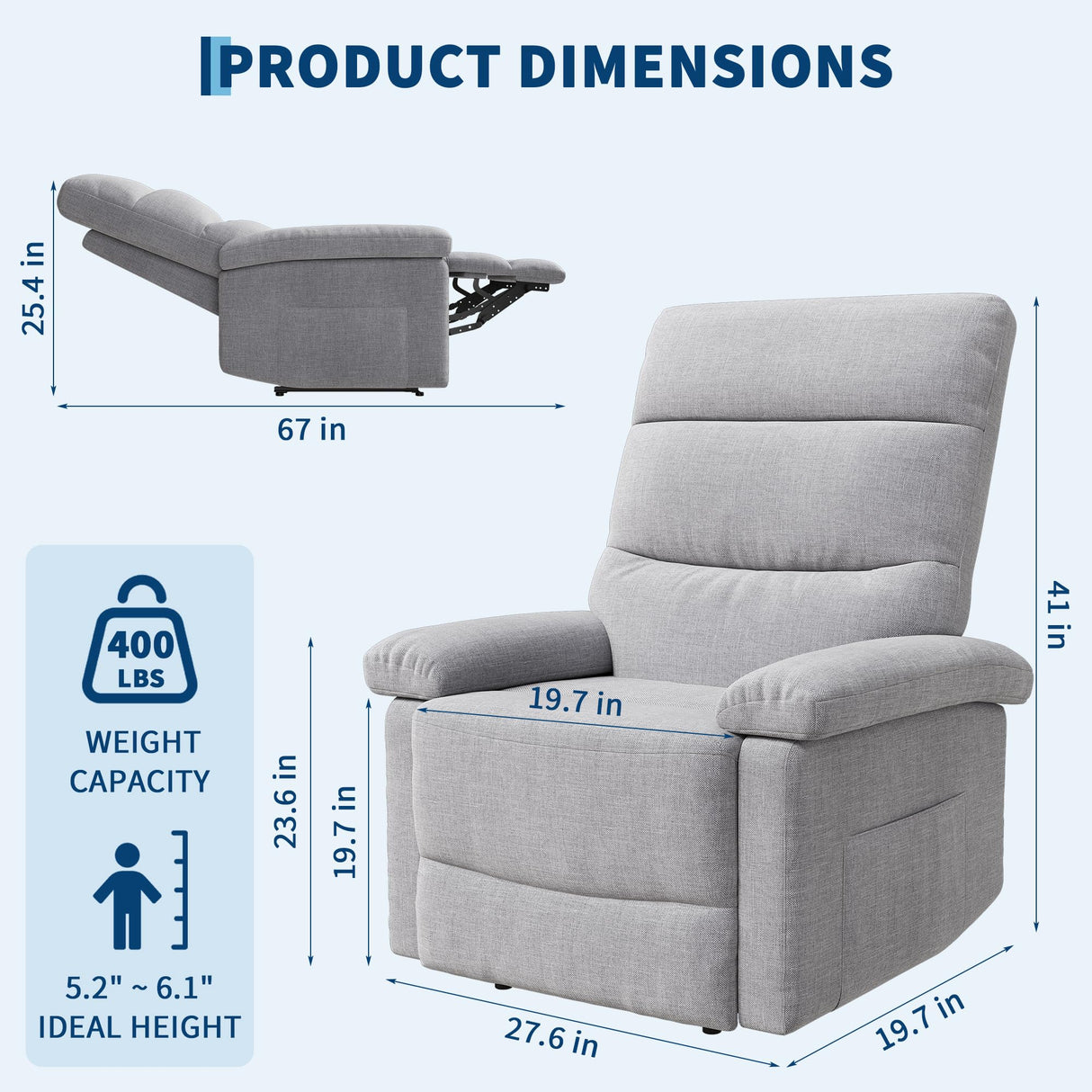 Garvee Recliner Chair for Adults, Manual Fabric Recliner with Side Pocket, Adjustable Single Sofa with Ergonomic Back Support, for Living Room, Nursery, Bedroom, Grey Garvee